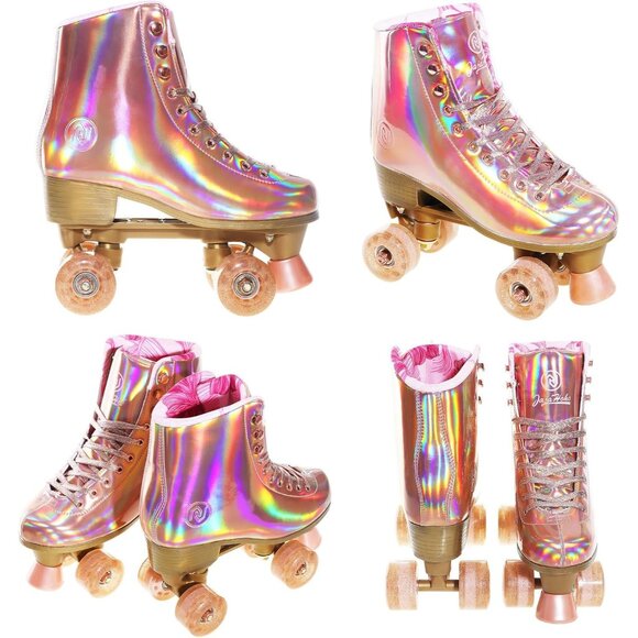 Women Rose Gold Holographic High Top Pu Leather Four Wheels Roller Skates - Picture 7 of 7